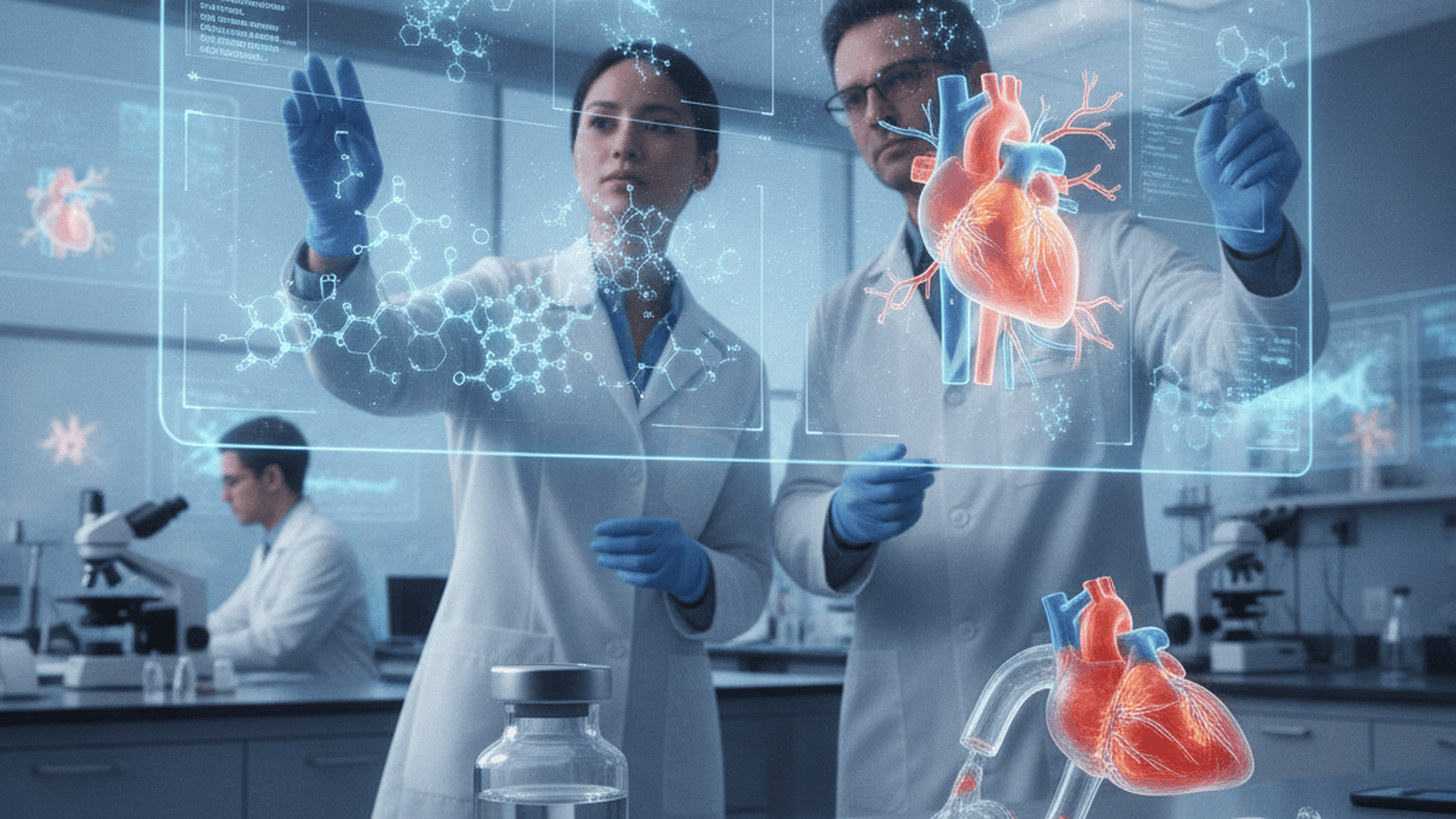 Researchers in a modern laboratory analyze molecular data related to vascular inflammation.