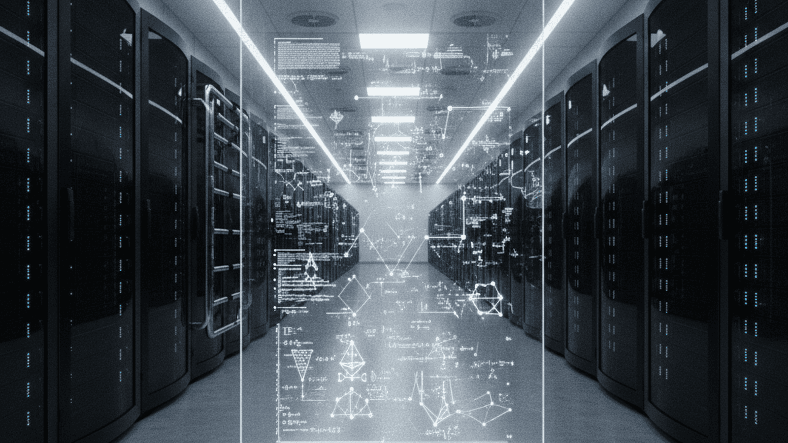 science-deepmind-funsearch-mathematical-discovery-12d74913 A modern data center with server racks and a glass display showing glowing mathematical patterns.