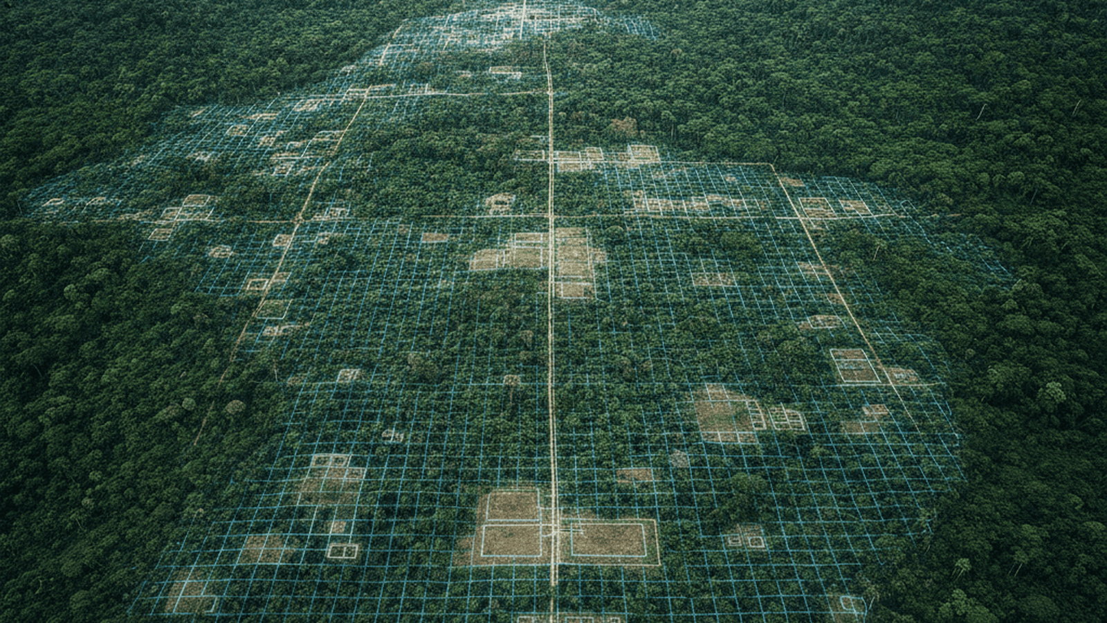 A digital visualization of ancient structures hidden beneath a dense Amazonian forest canopy.