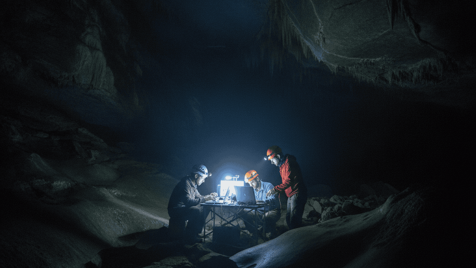 Researchers wearing EEG headsets work at a portable station inside a large, dark limestone cave.
