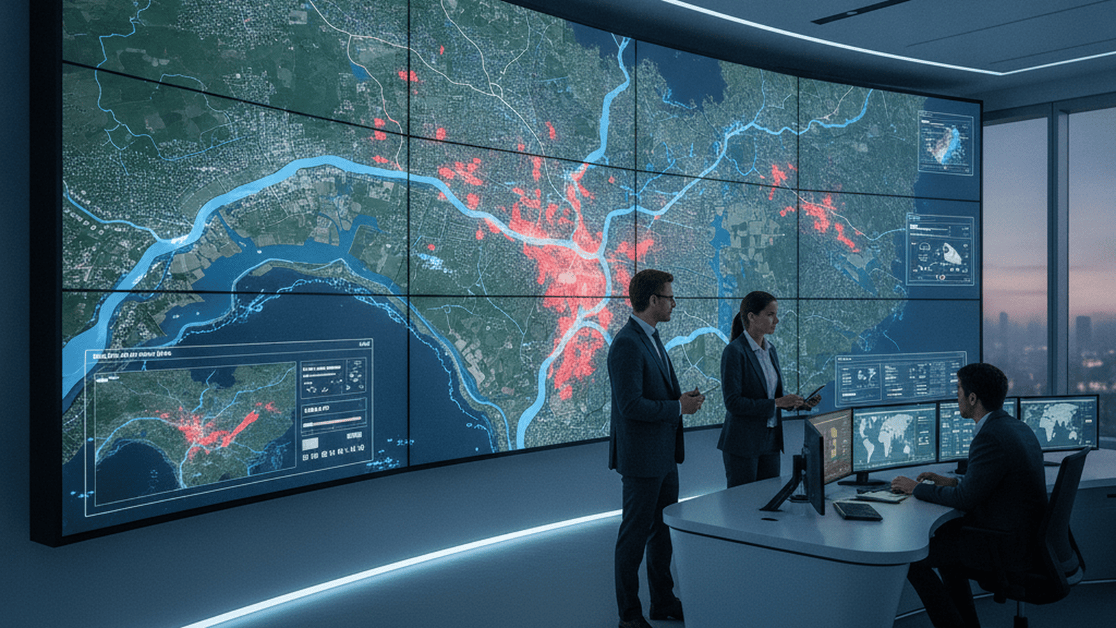 A digital map of a river system on a large screen in a modern disaster management center.
