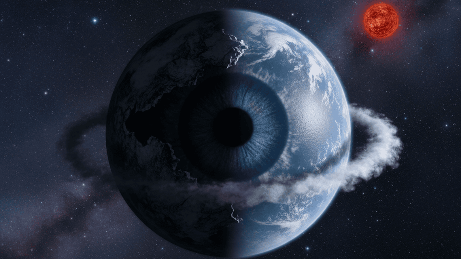 A digital rendering of exoplanet LHS 1140 b showing a circular ocean surrounded by ice.
