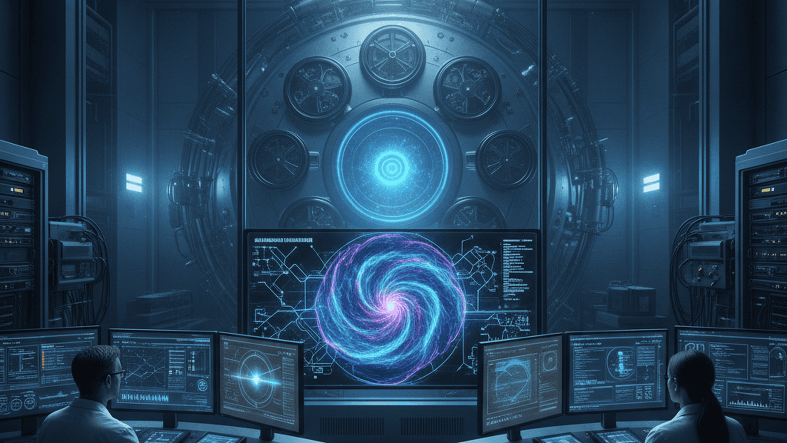 A laboratory control room showing AI-driven fusion simulations on large screens.