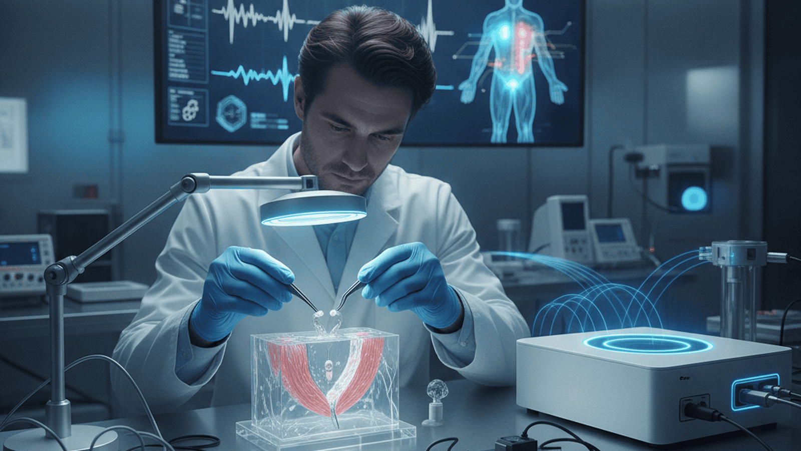 A laboratory researcher works with a wireless energy harvesting device designed for medical implants.