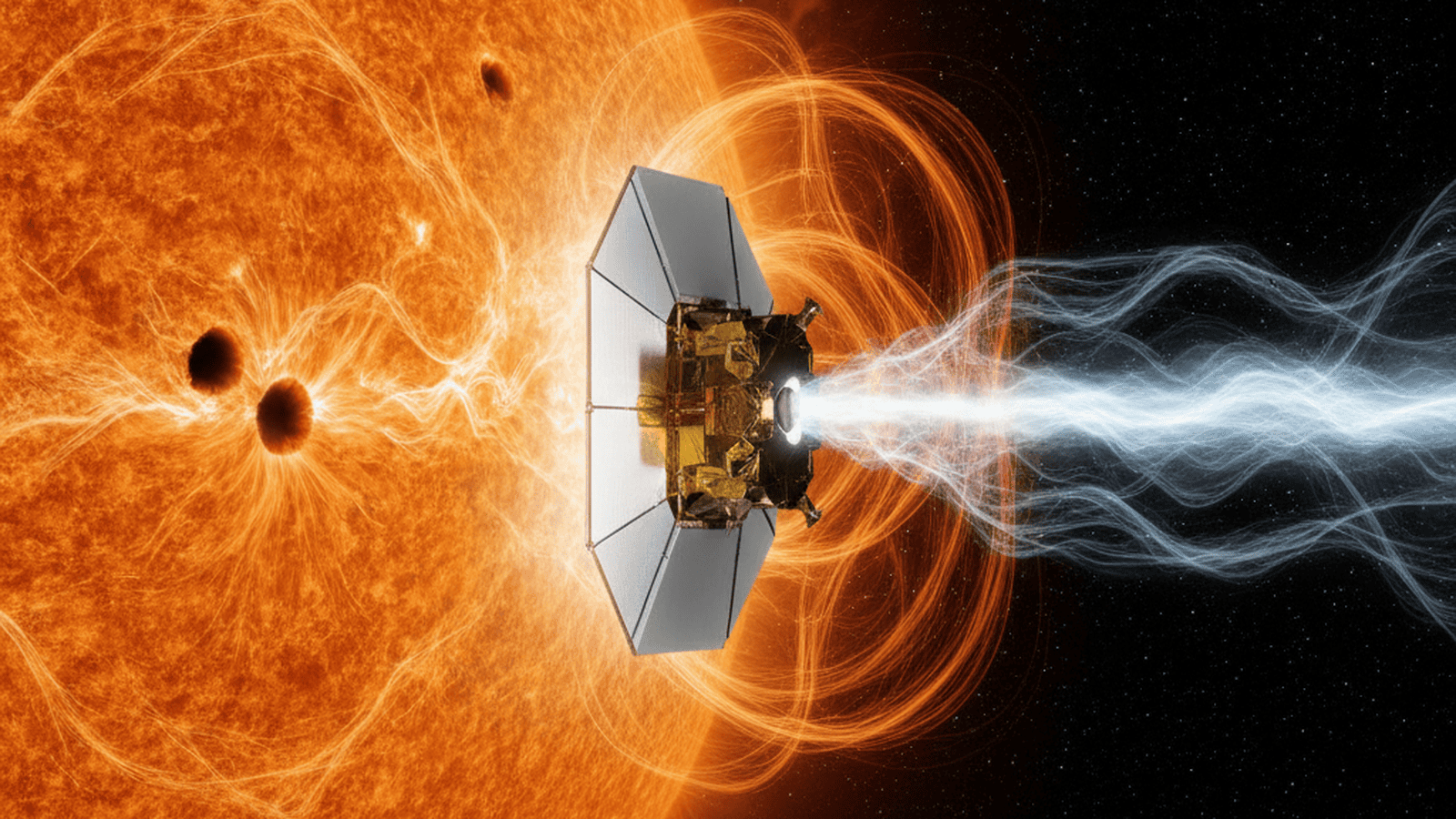 A depiction of the Parker Solar Probe flying near the Sun's surface with visible magnetic activity.