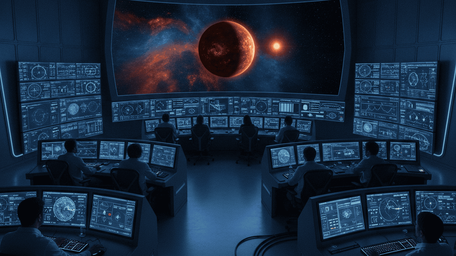 A digital visualization of a rocky super-Earth orbiting a red dwarf star displayed on a large monitor in a NASA control room.