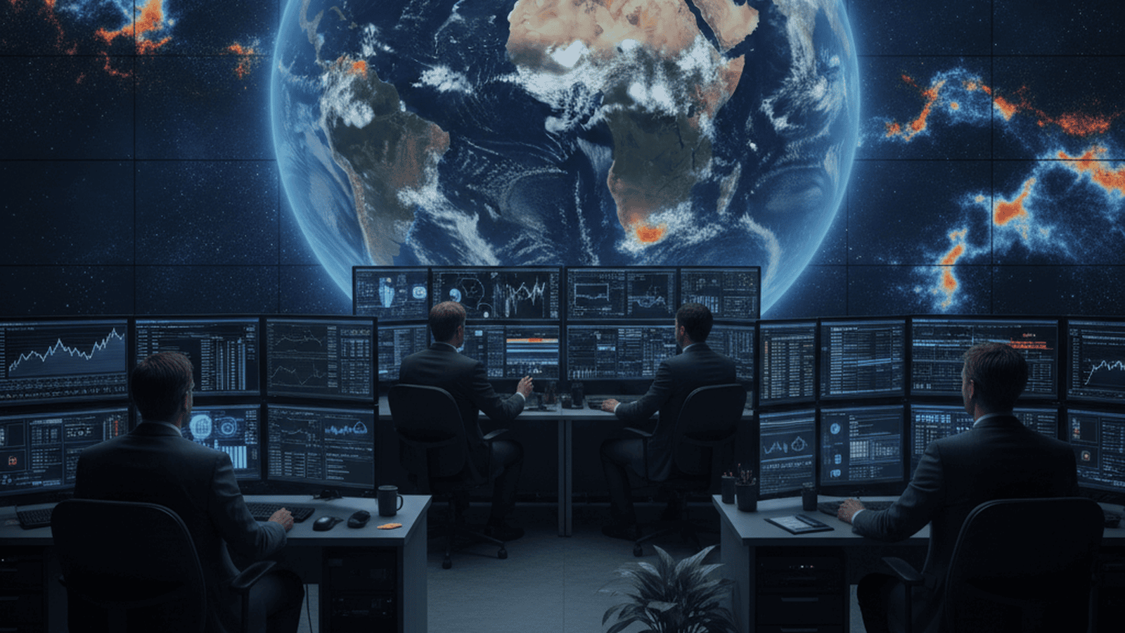 Scientists in a NASA/NOAA control room monitor global satellite data showing changes in Earth's reflectivity and cloud cover.