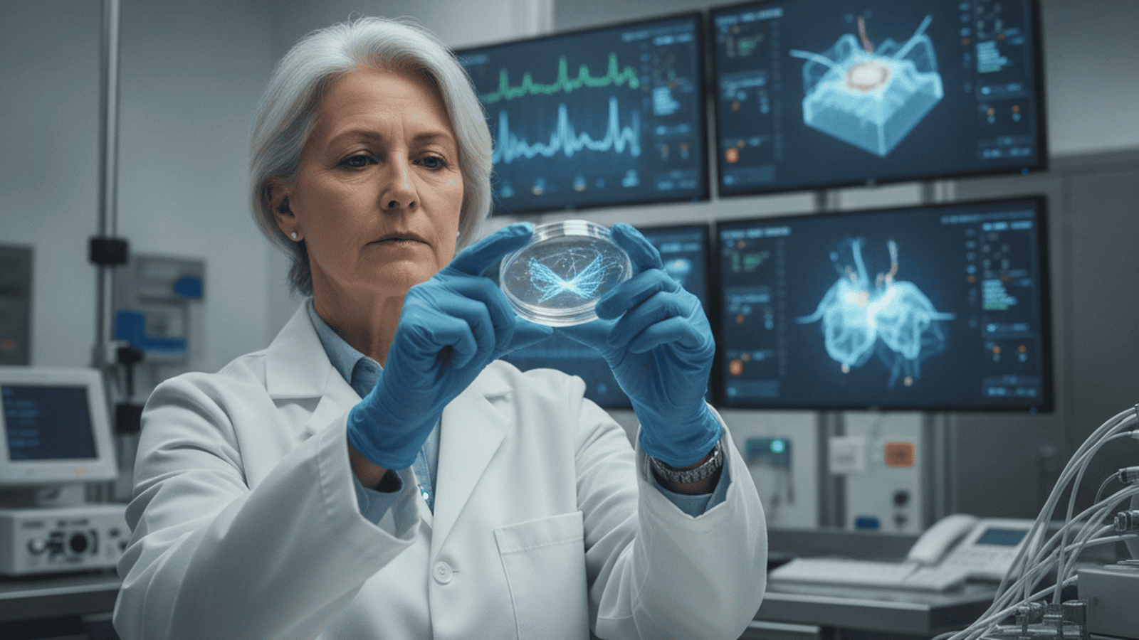A researcher in a clinical lab holds a petri dish containing a glowing, conductive surgical suture used for wireless wound monitoring.