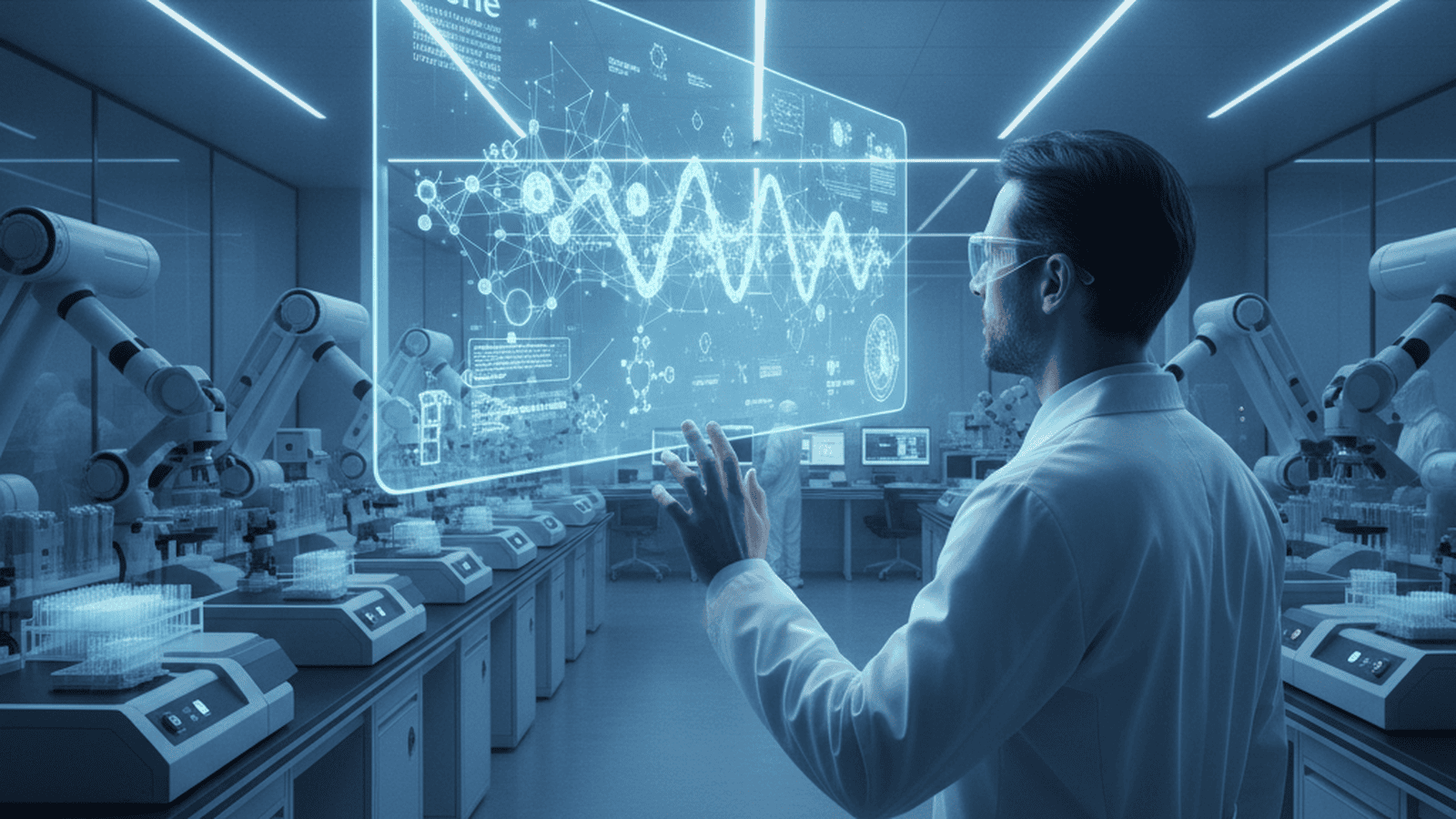 A scientist examines a 3D model of a synthetic protein on a digital interface in a modern biotechnology laboratory.