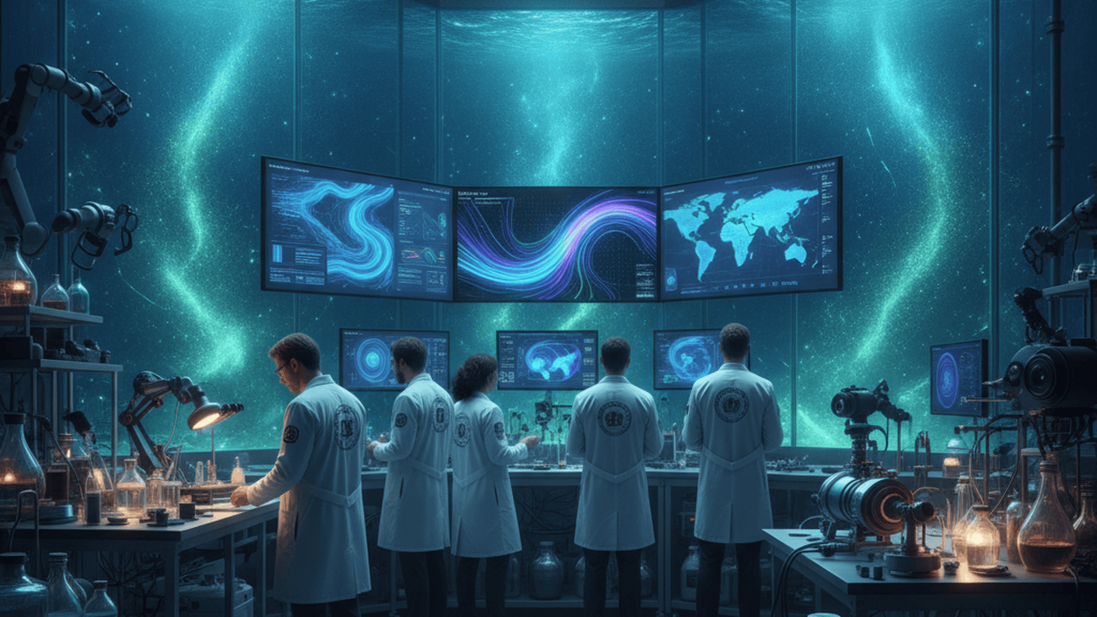 Scientists in a university laboratory analyze 3D models of ocean carbon sequestration processes.