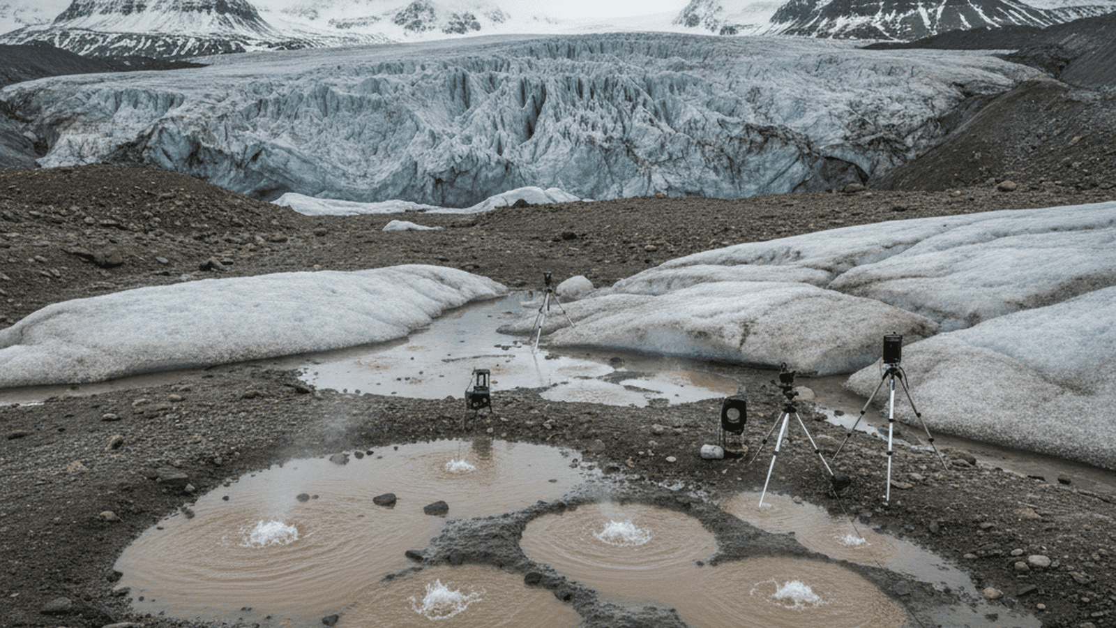 A scientific field site in Svalbard showing groundwater springs at the edge of a retreating glacier.