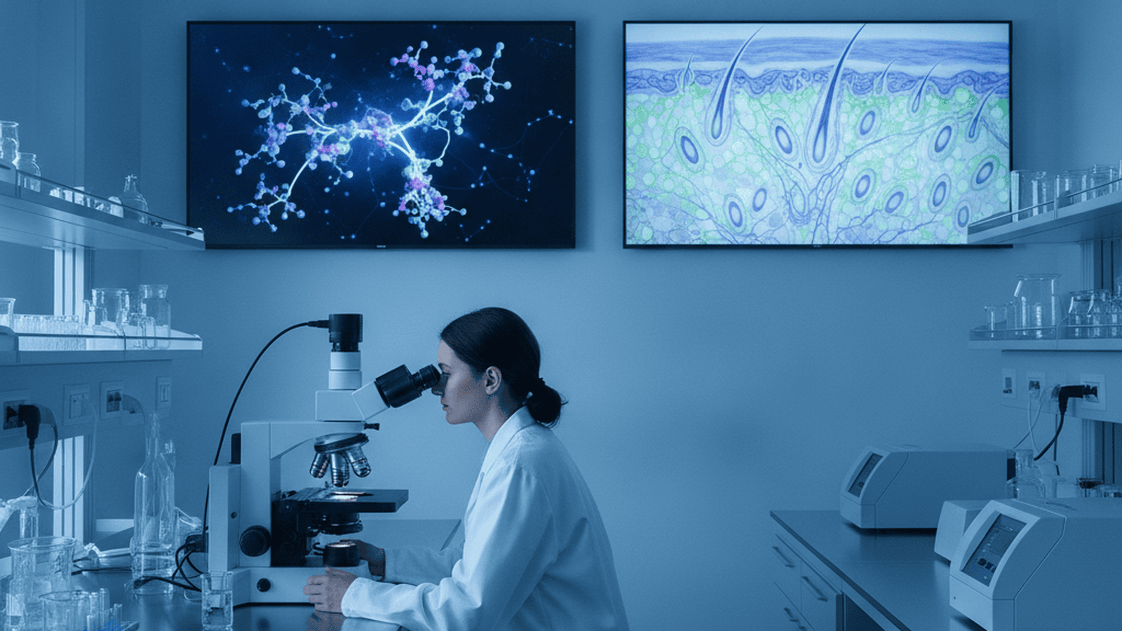 A scientist examines skin tissue samples under a microscope in a modern biomedical research laboratory.