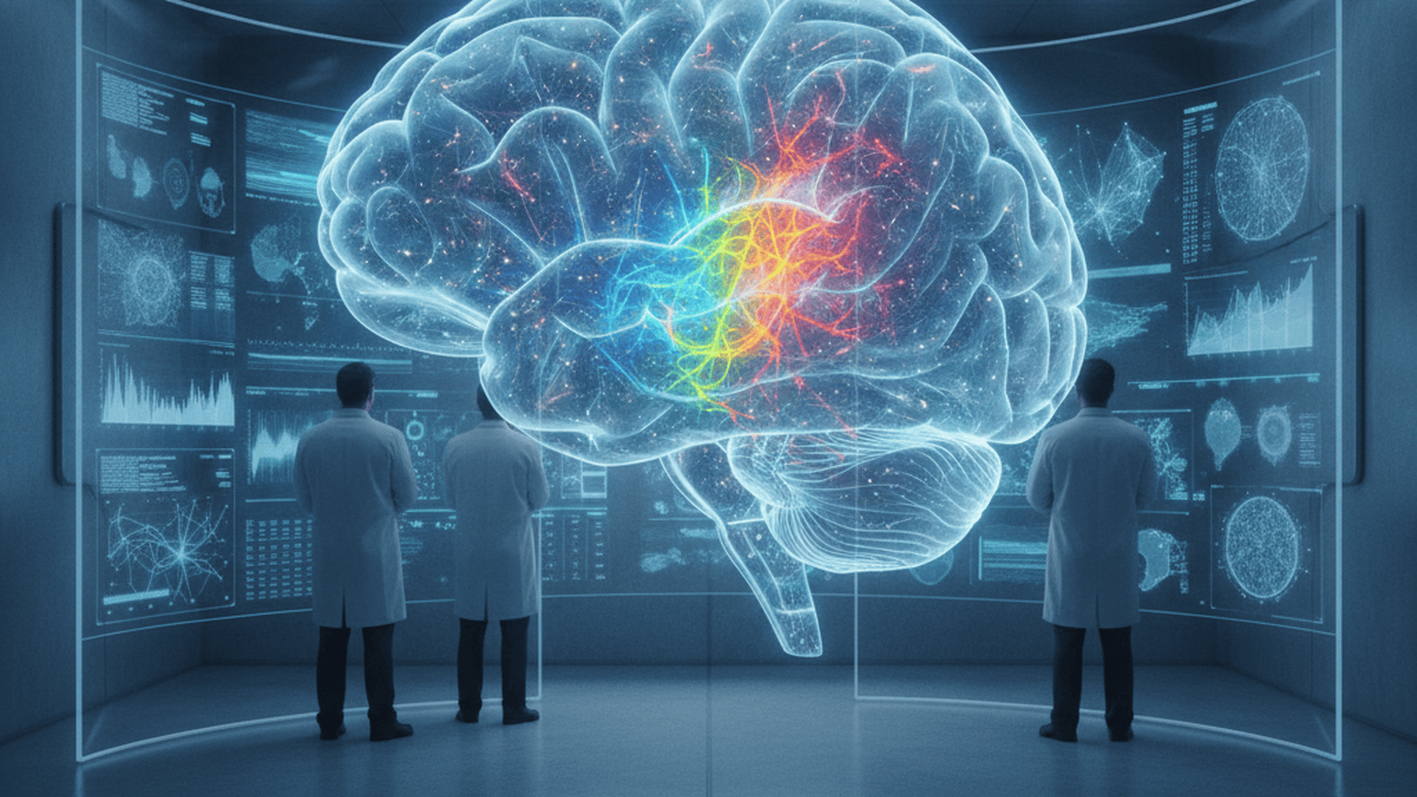science-wustl-scan-motor-cortex-discovery-ebecdd86 A 3D holographic brain model in a laboratory showing the Somato-Cognitive Action Network within the motor cortex.