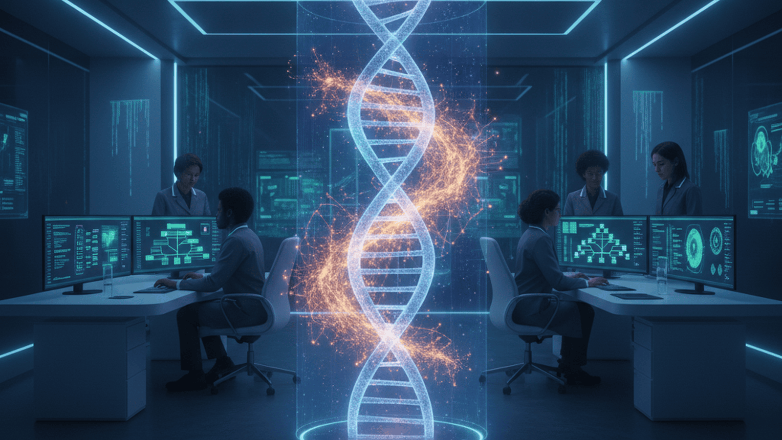 science-zoonomia-mammal-genome-ai-discovery-3698b5d6 A futuristic laboratory showing a holographic DNA strand merged with a neural network, with scientists working on genomic data in the background.