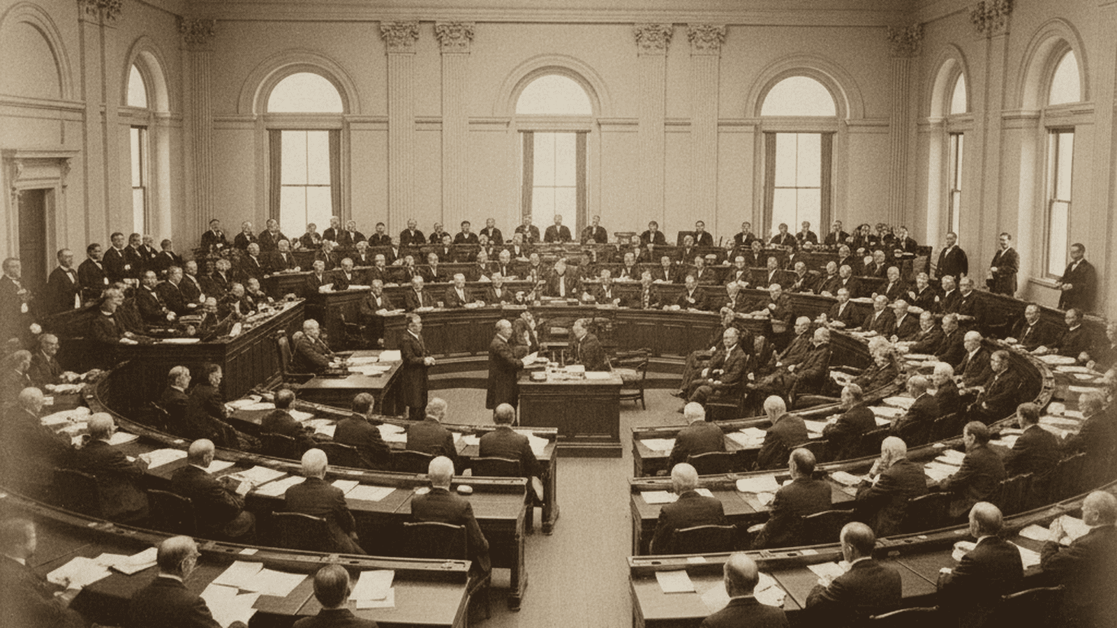 A monochrome photograph of the 1901 Alabama Constitutional Convention delegates seated in the state capitol.