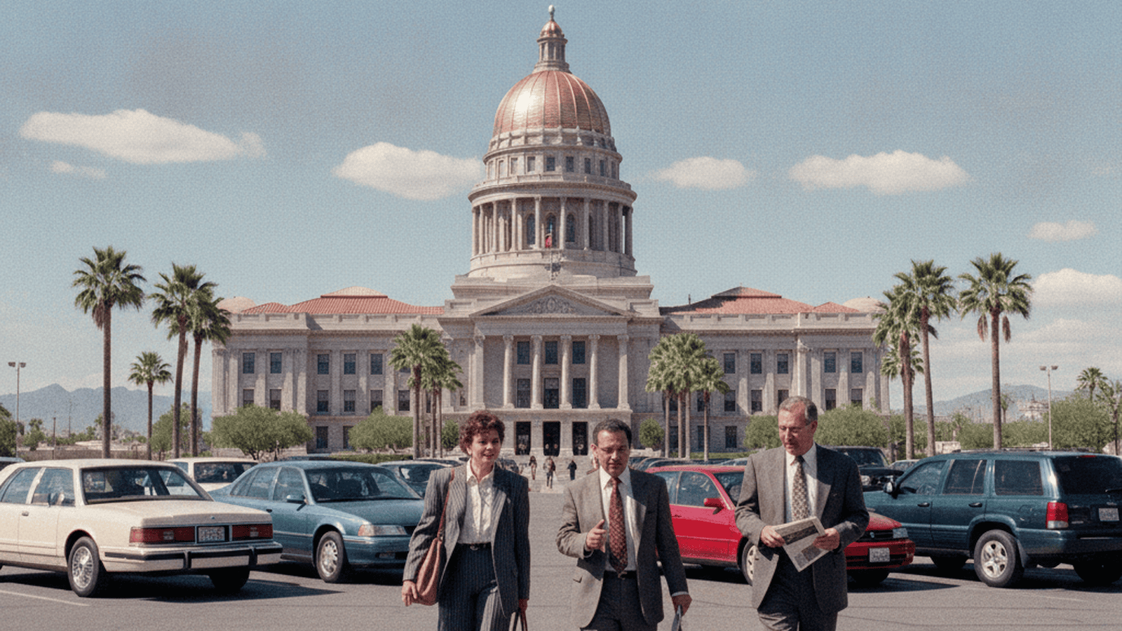 The Arizona State Capitol building in 1991 with period-accurate cars and professional attire.