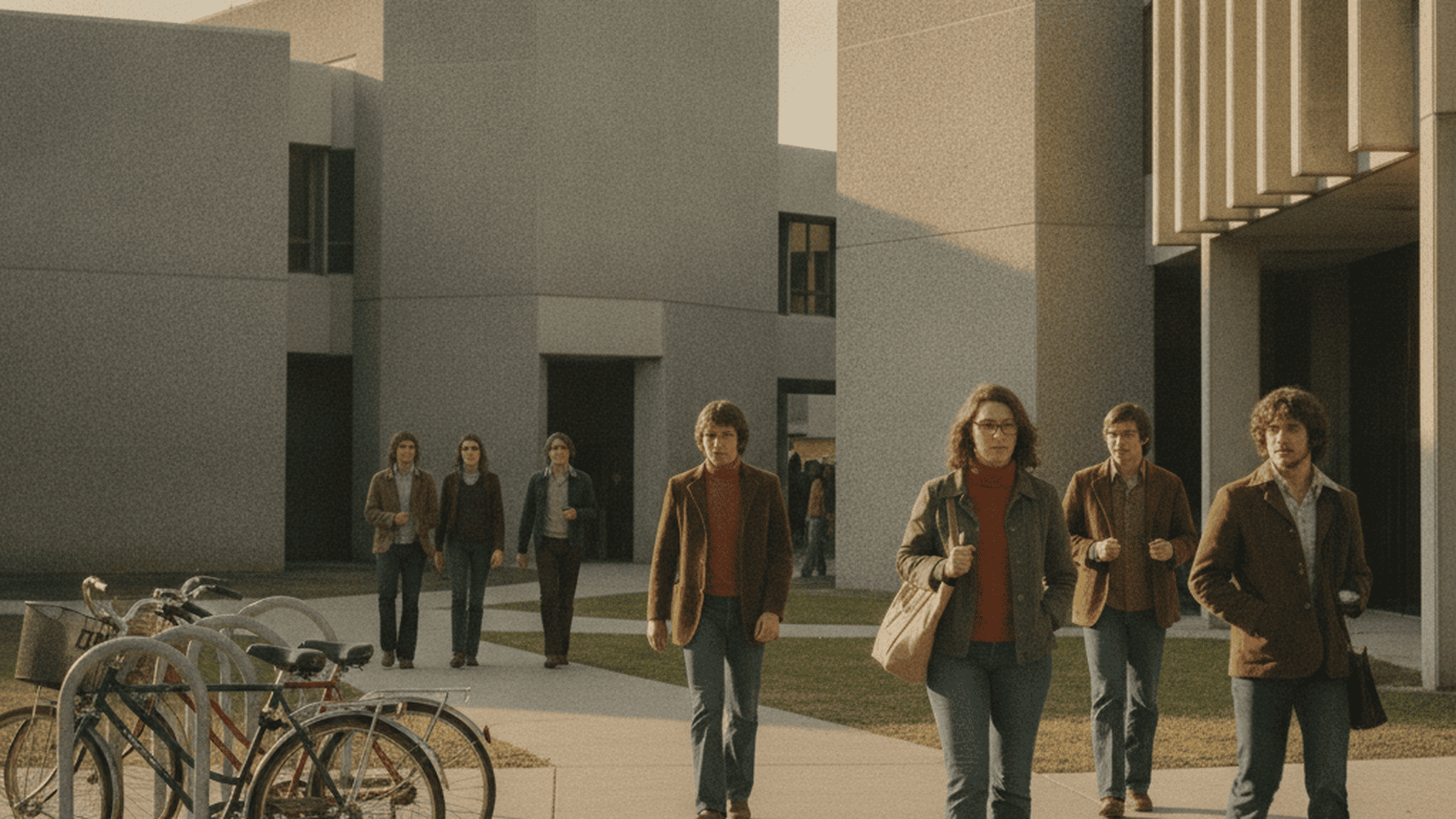 A 1970s color photograph of the UC Davis medical school campus with students in period-accurate clothing.