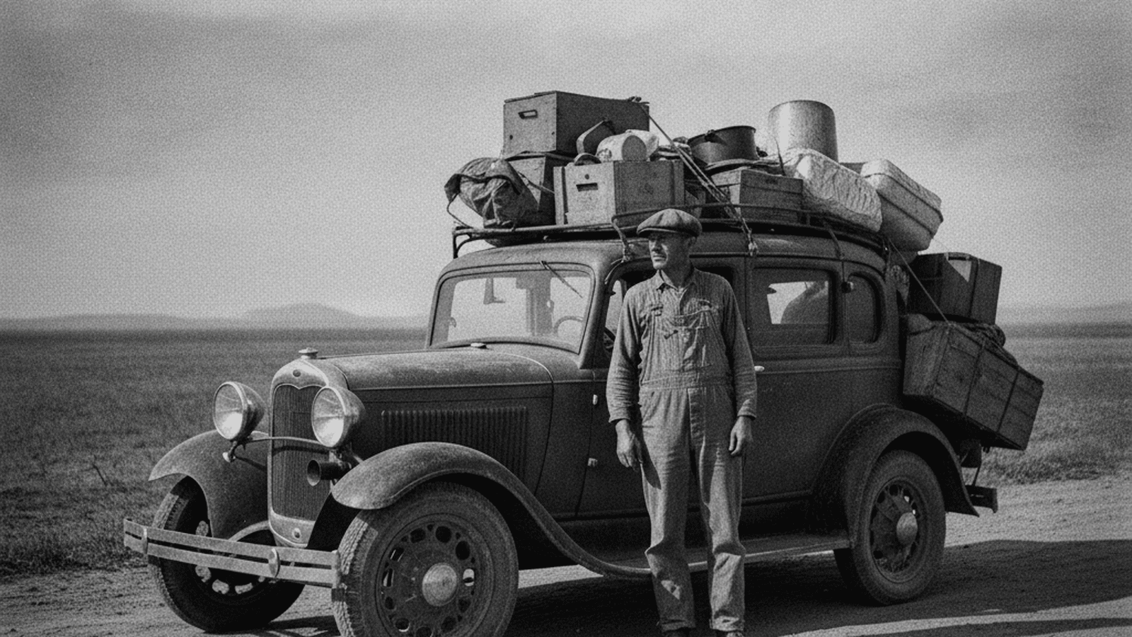 A monochrome 1930s photograph of a migrant family's overloaded car on a dusty California road.