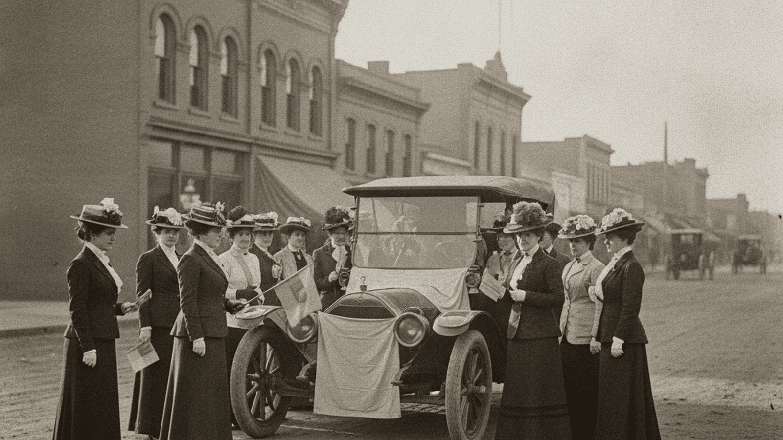 A group of women in 1911 Edwardian clothing stand near a vintage touring car during a suffrage campaign in California.