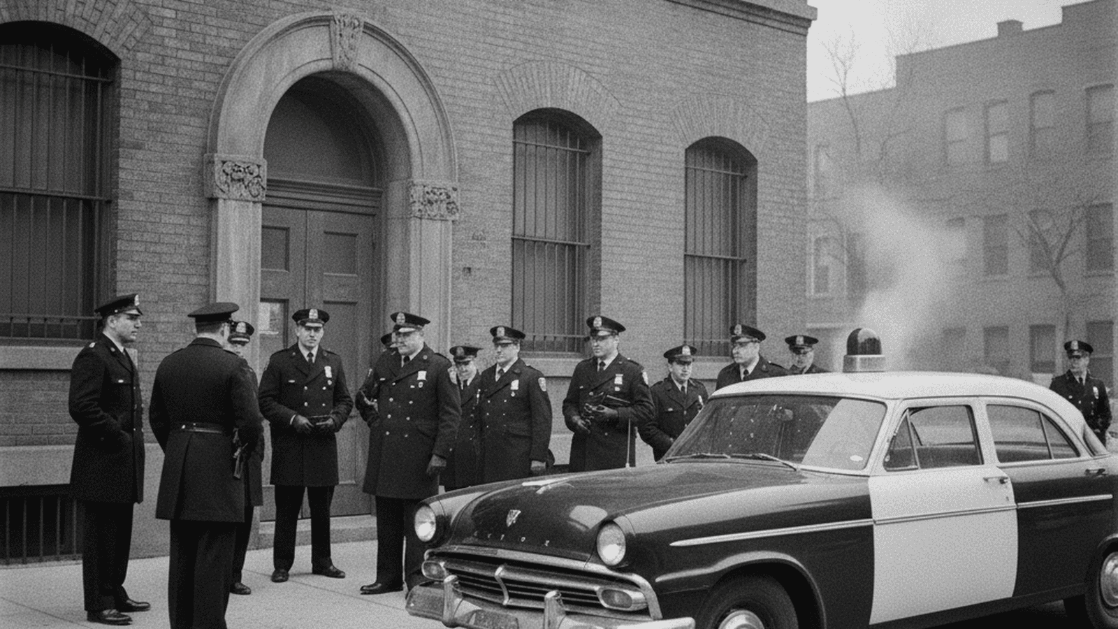 A 1960 black-and-white photograph of Chicago police officers and a vintage squad car outside a brick precinct station.