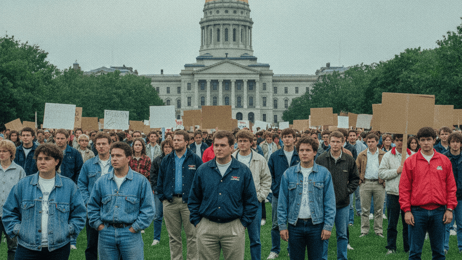 A large crowd of protesters gathers in front of the Connecticut State Capitol in 1991 to oppose the new state income tax.