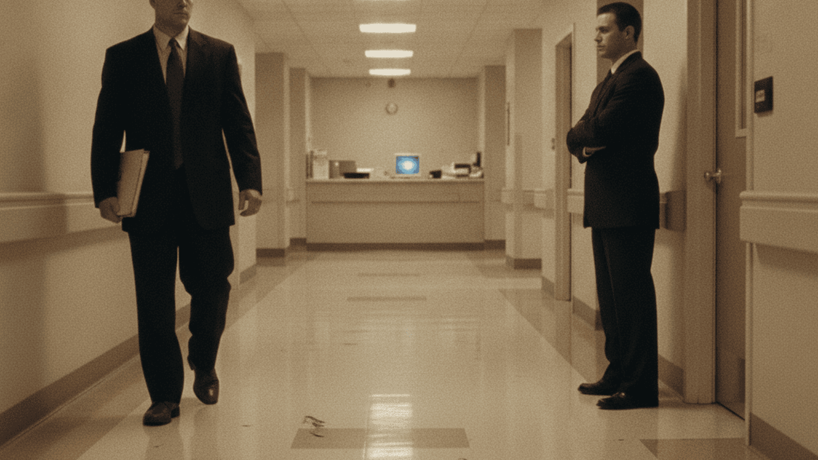 Two men in suits walk down a sterile hospital hallway toward a guarded door in 2004.
