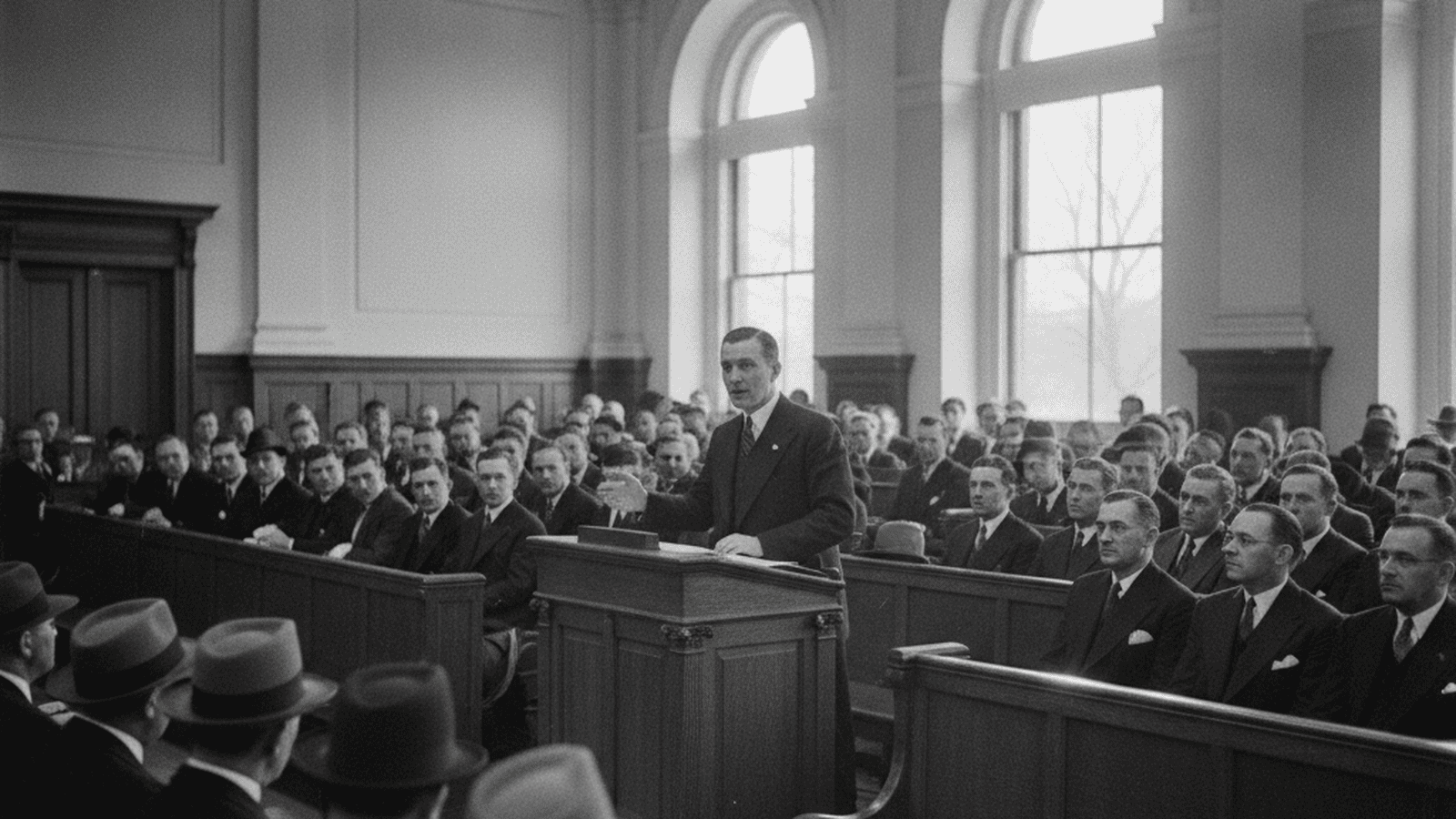 A black-and-white photograph of a 1938 Massachusetts legislative hearing regarding municipal reform.