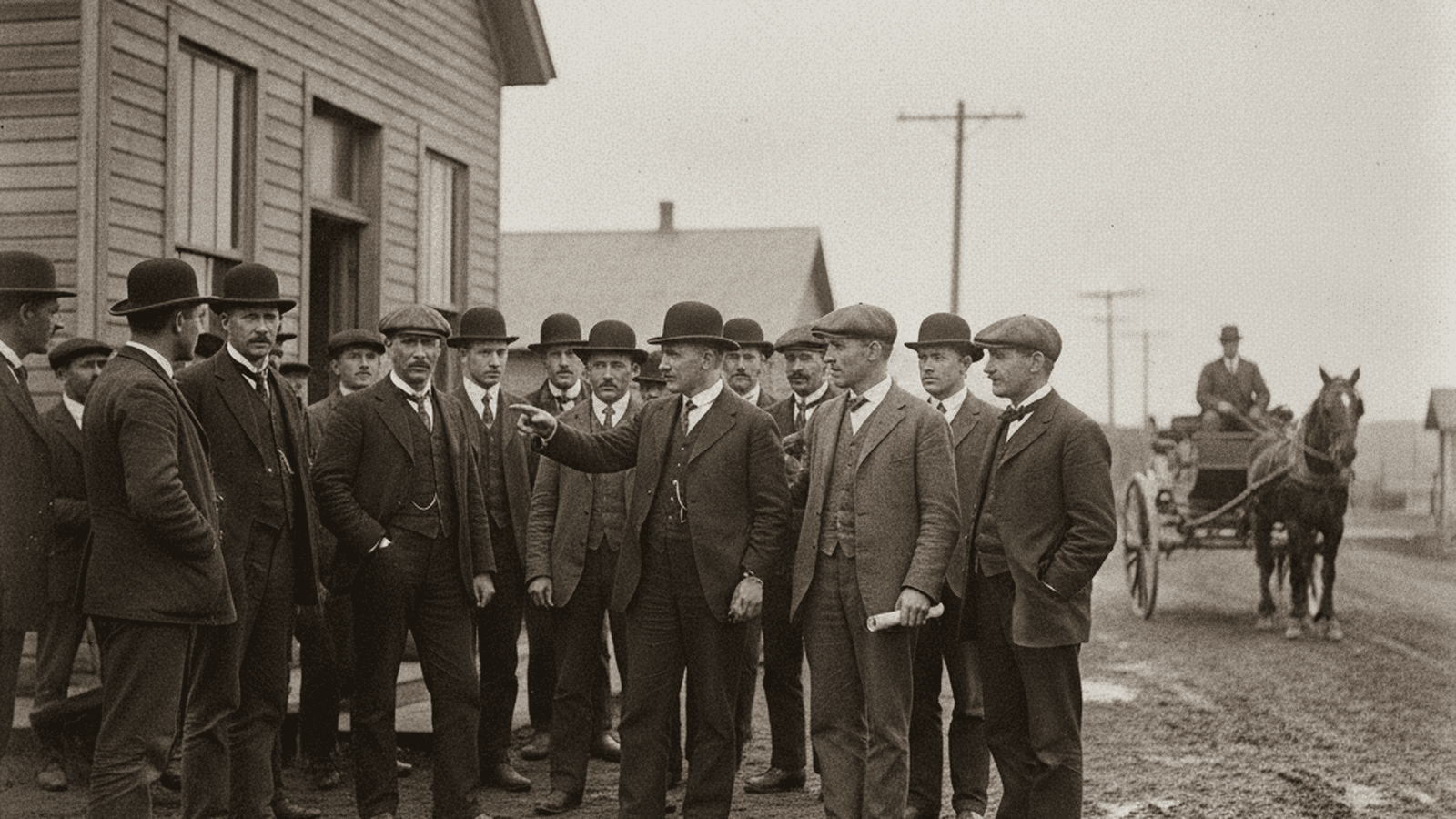 A group of men in 1912 attire gather outside a wooden polling station in a rural Montana town.
