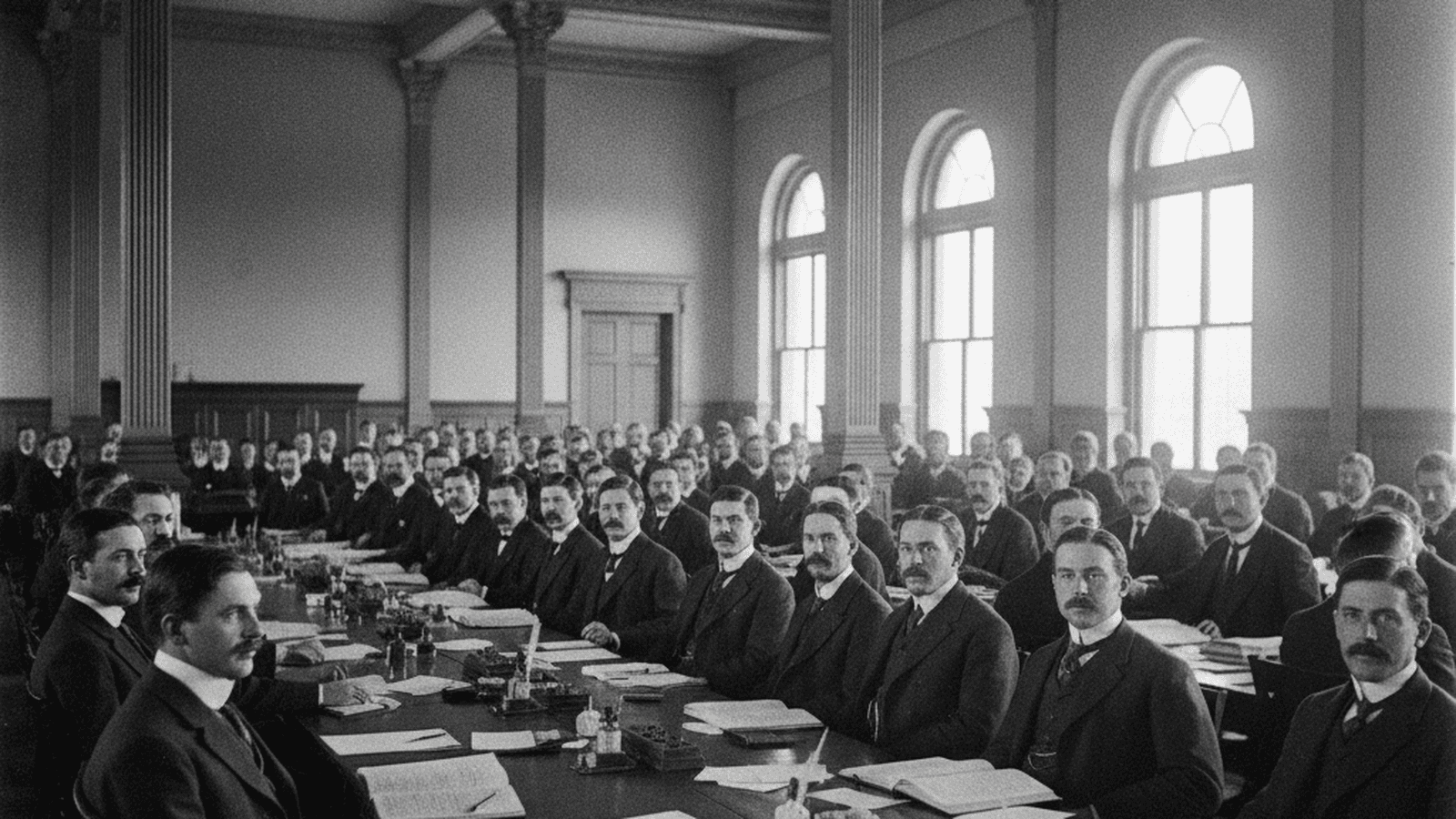A monochrome photograph of delegates at the 1910 New Mexico Constitutional Convention in Santa Fe.
