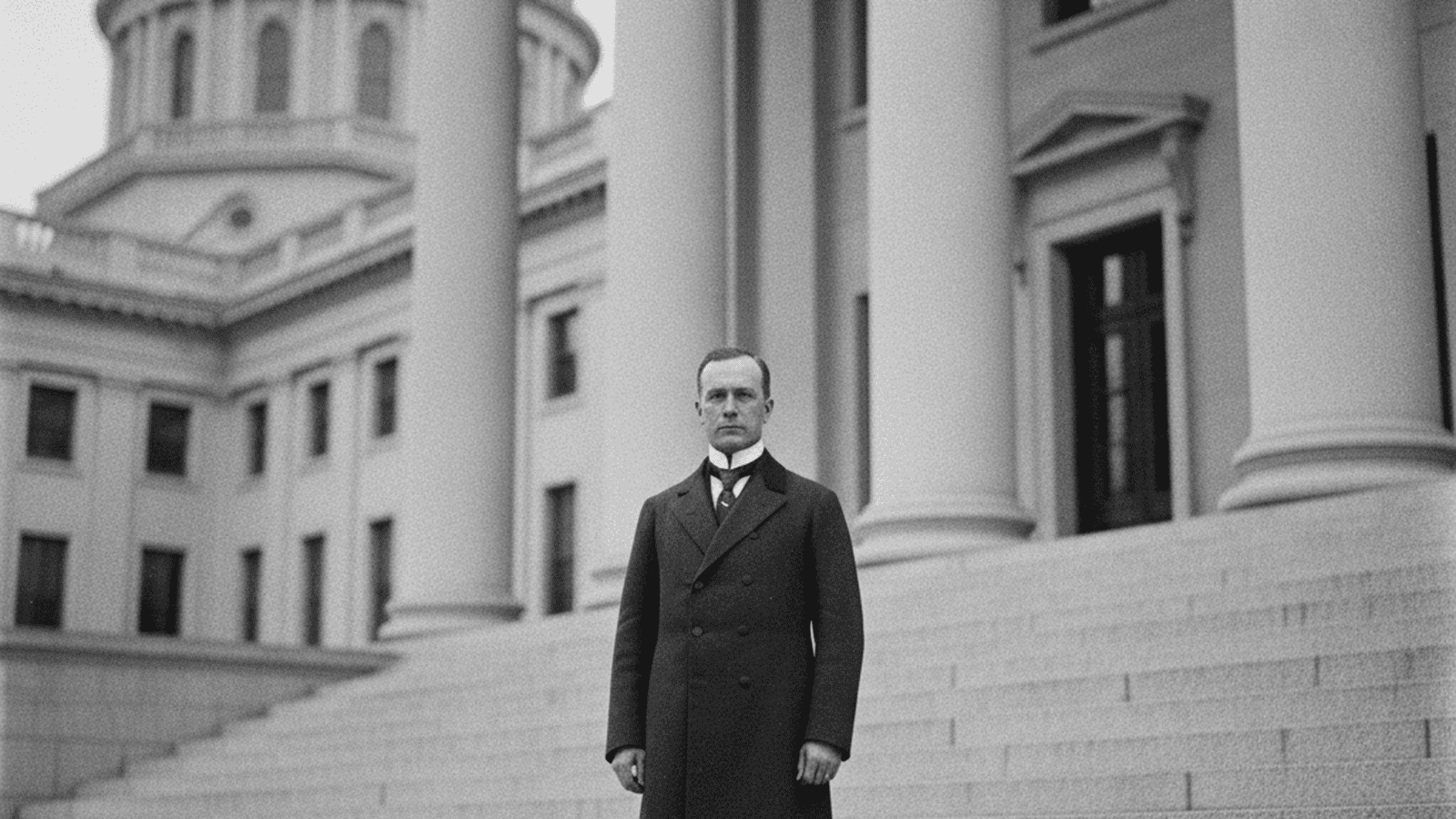 Governor Robert P. Bass standing on the steps of the New Hampshire State House in 1911.