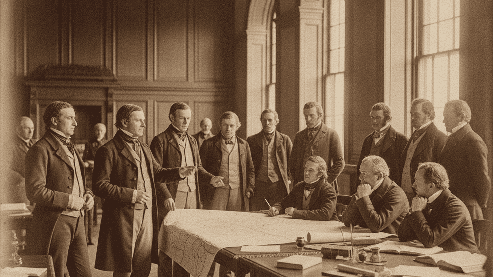 A group of 19th-century delegates in frock coats debate constitutional reforms inside a wood-paneled hall in 1835.