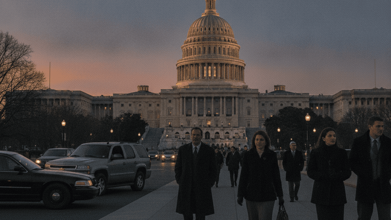 A wide view of the U.S. Capitol building in 2008 with period-accurate vehicles and professional attire.
