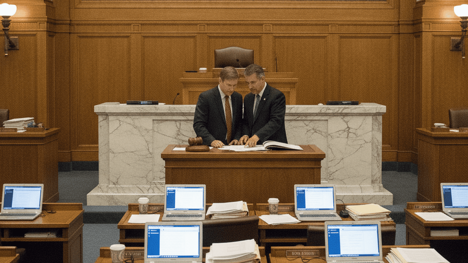 Two Co-Speakers stand at the rostrum of the Oregon House of Representatives during the 2011 legislative session.