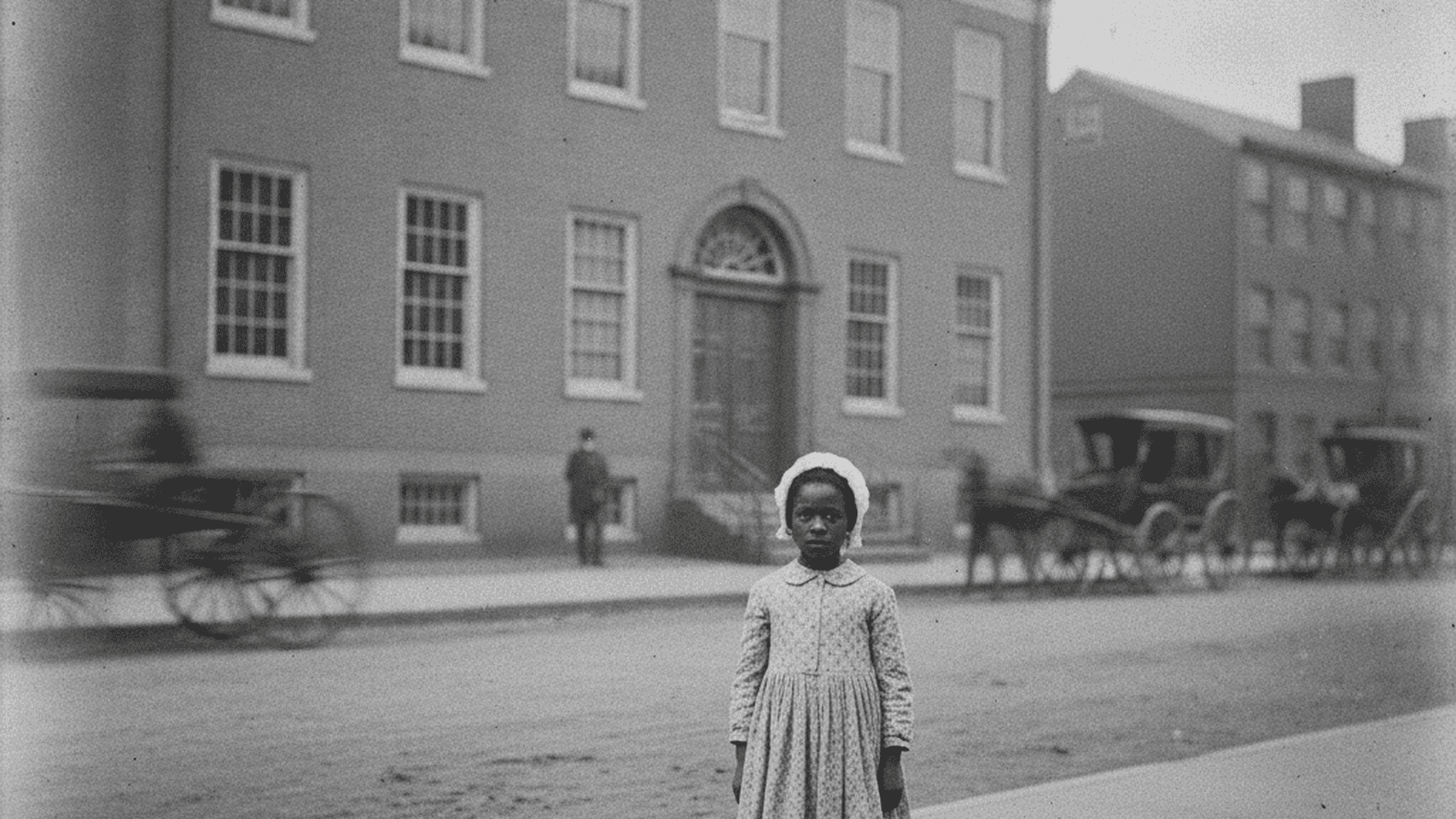 A young African American girl stands before a brick schoolhouse in 1840s Boston.