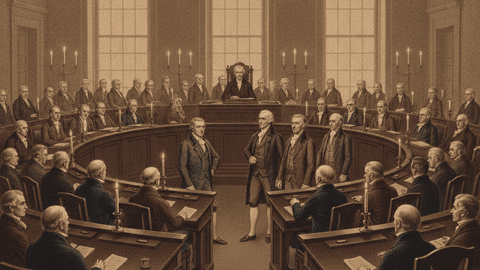 A historical depiction of the 1805 Senate trial of Supreme Court Justice Samuel Chase in Washington, D.C.
