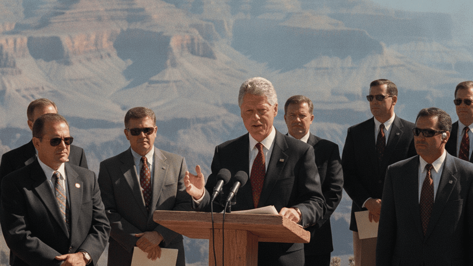 President Bill Clinton stands at a podium overlooking the Grand Canyon during the 1996 announcement of the Grand Staircase-Escalante National Monument.