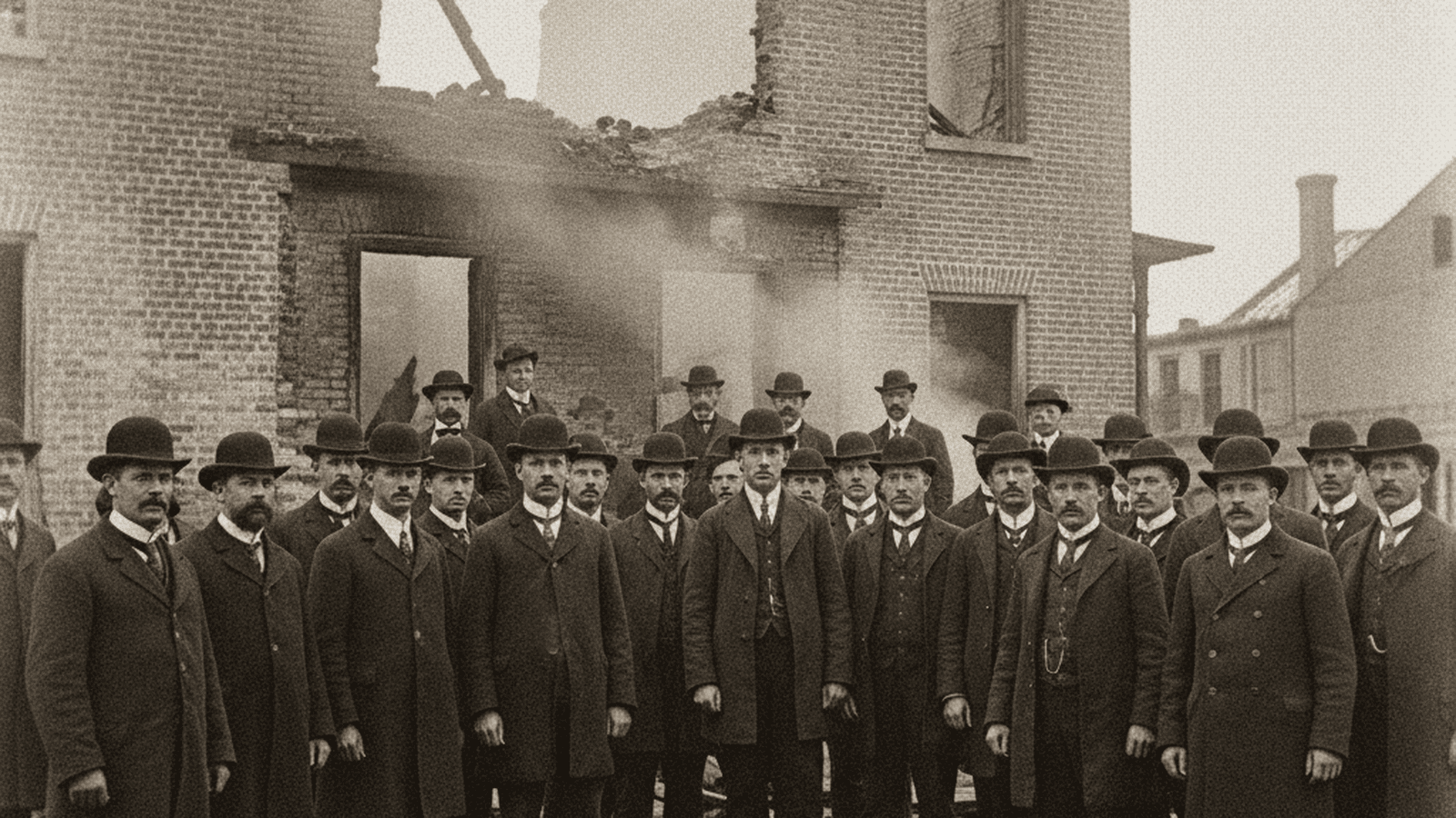 A historical monochrome photograph of a mob standing before the burned remains of the Daily Record building in 1898.