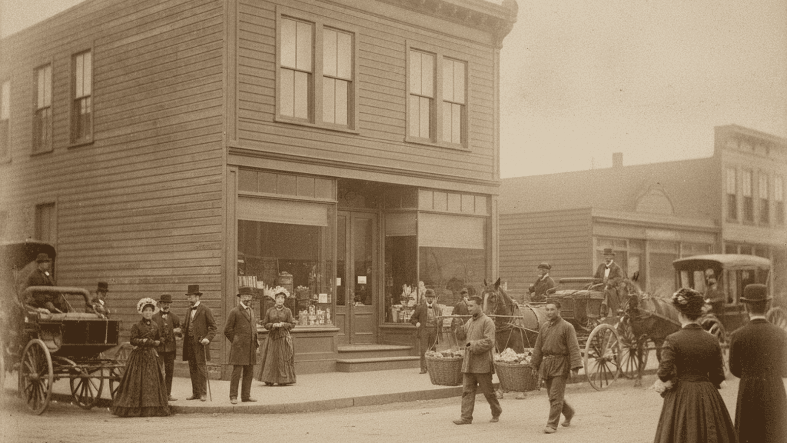 A sepia-toned 1880s photograph of a wooden laundry building in San Francisco with period-accurate pedestrians.