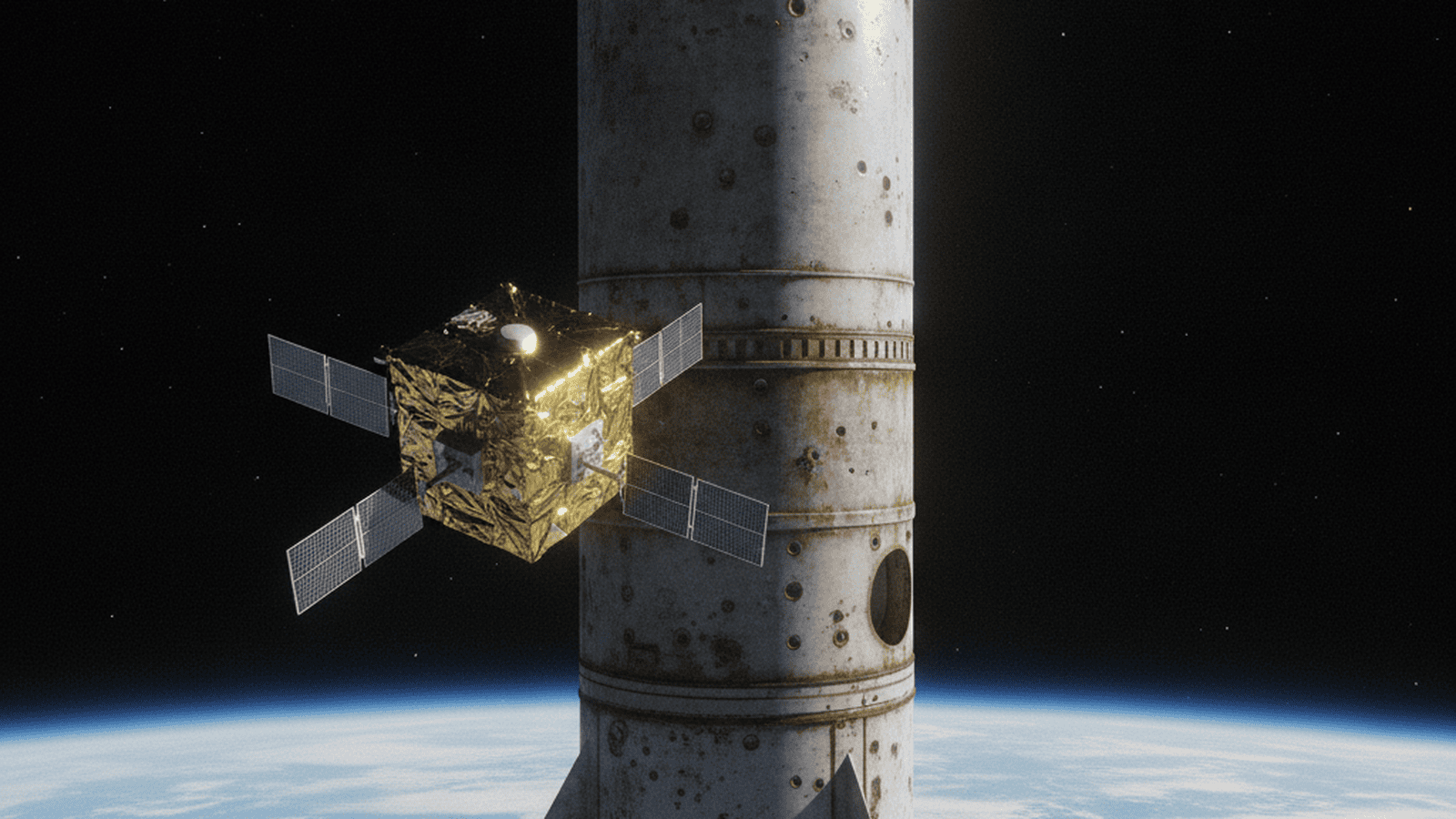 science-astroscale-adras-j-debris-inspection-504090c8 A satellite maneuvers close to a large piece of space debris with Earth in the background.