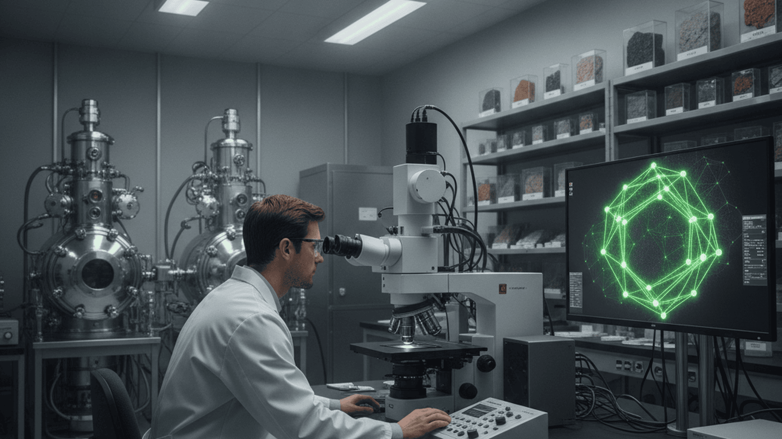 A scientist operates an electron microscope displaying a hexagonal crystal lattice structure in a modern laboratory.