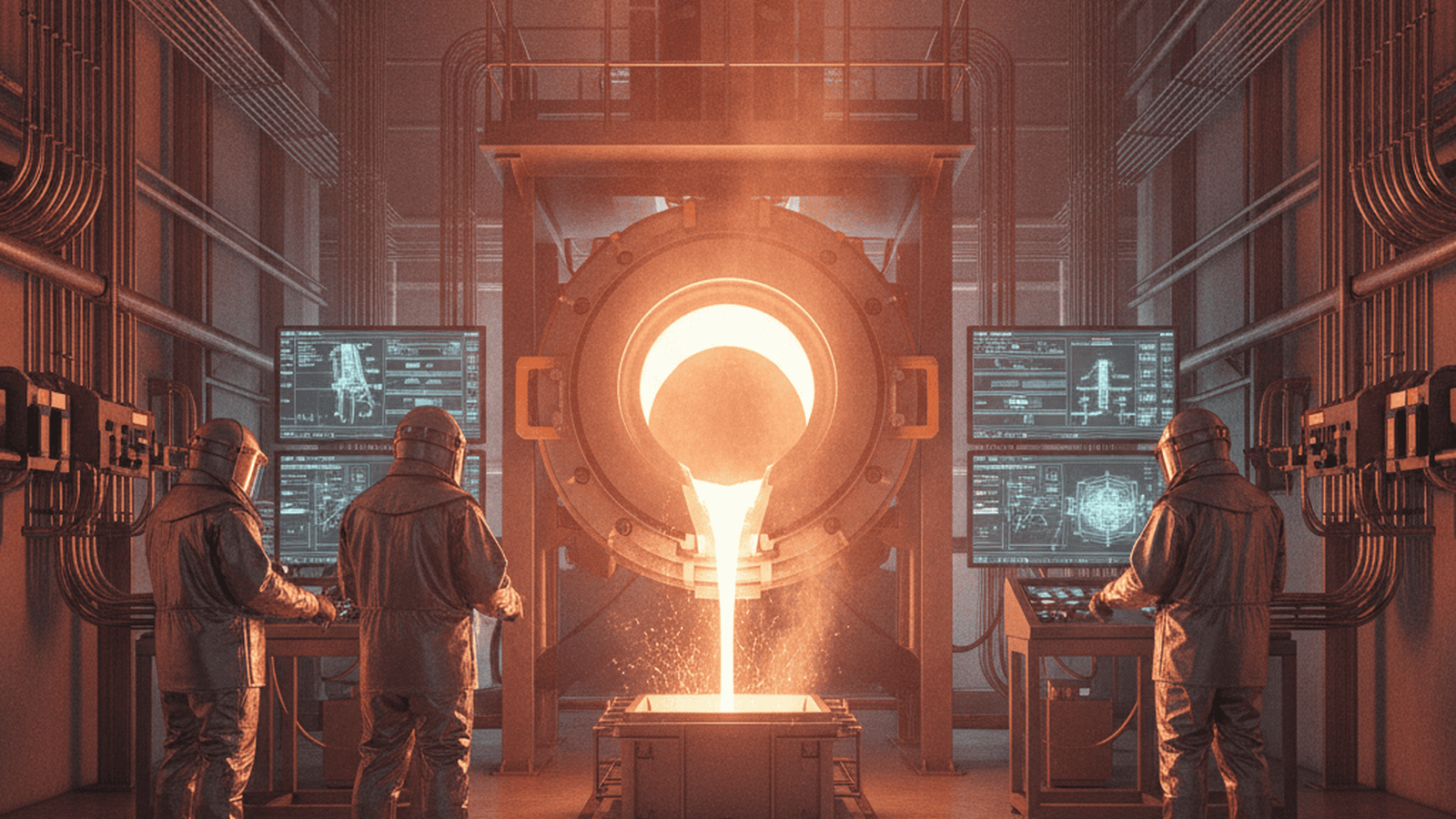 A large industrial electrolysis cell refining molten iron with bright orange light in a modern laboratory.