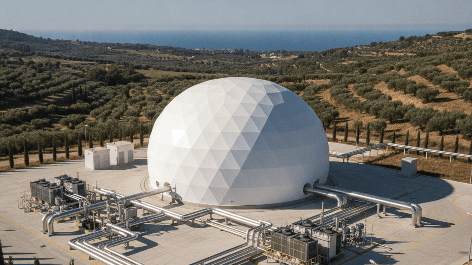 A large white dome and industrial piping at a CO2 energy storage facility in Italy.