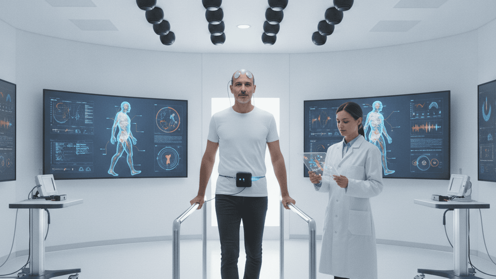 A paralyzed man walks in a high-tech lab using a brain-spine interface that translates his thoughts into movement.