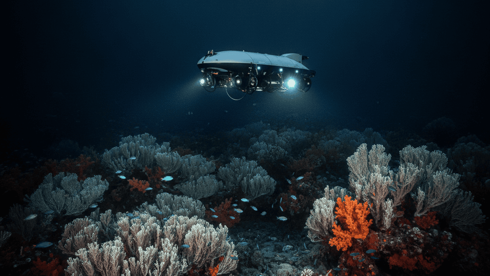 An autonomous underwater vehicle explores a dense field of white and orange cold-water corals on the deep ocean floor.