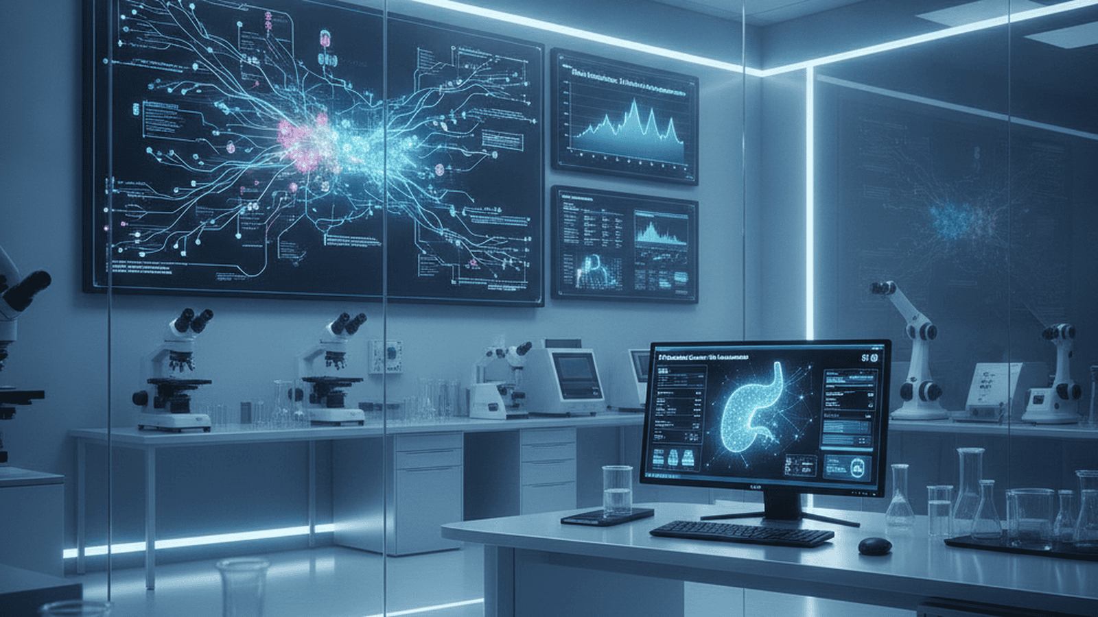 A modern medical research facility with large screens displaying AI-driven data analysis for cancer prediction.