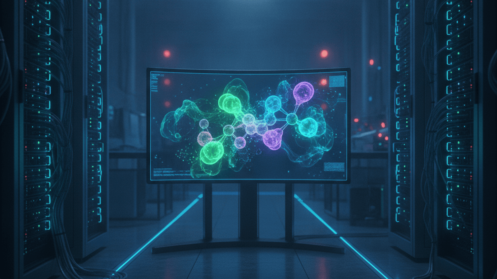 A computer monitor in a dark lab displays a glowing 3D model of electron clouds within a molecule.