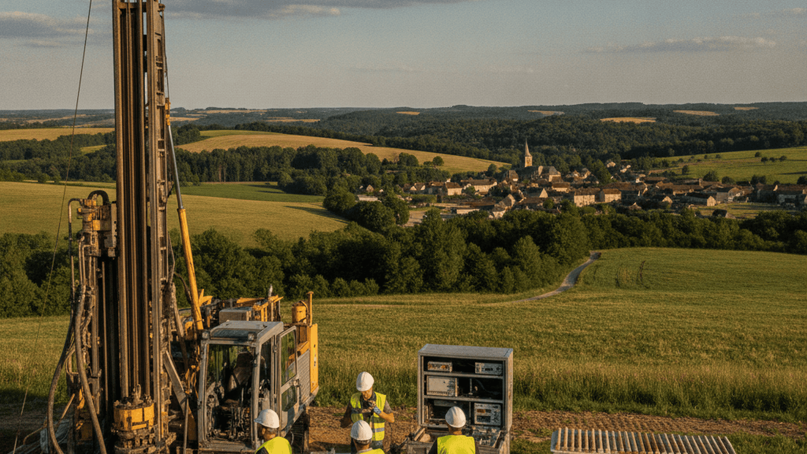 A geological survey team operates a drilling rig in a rural French landscape to extract natural hydrogen samples.