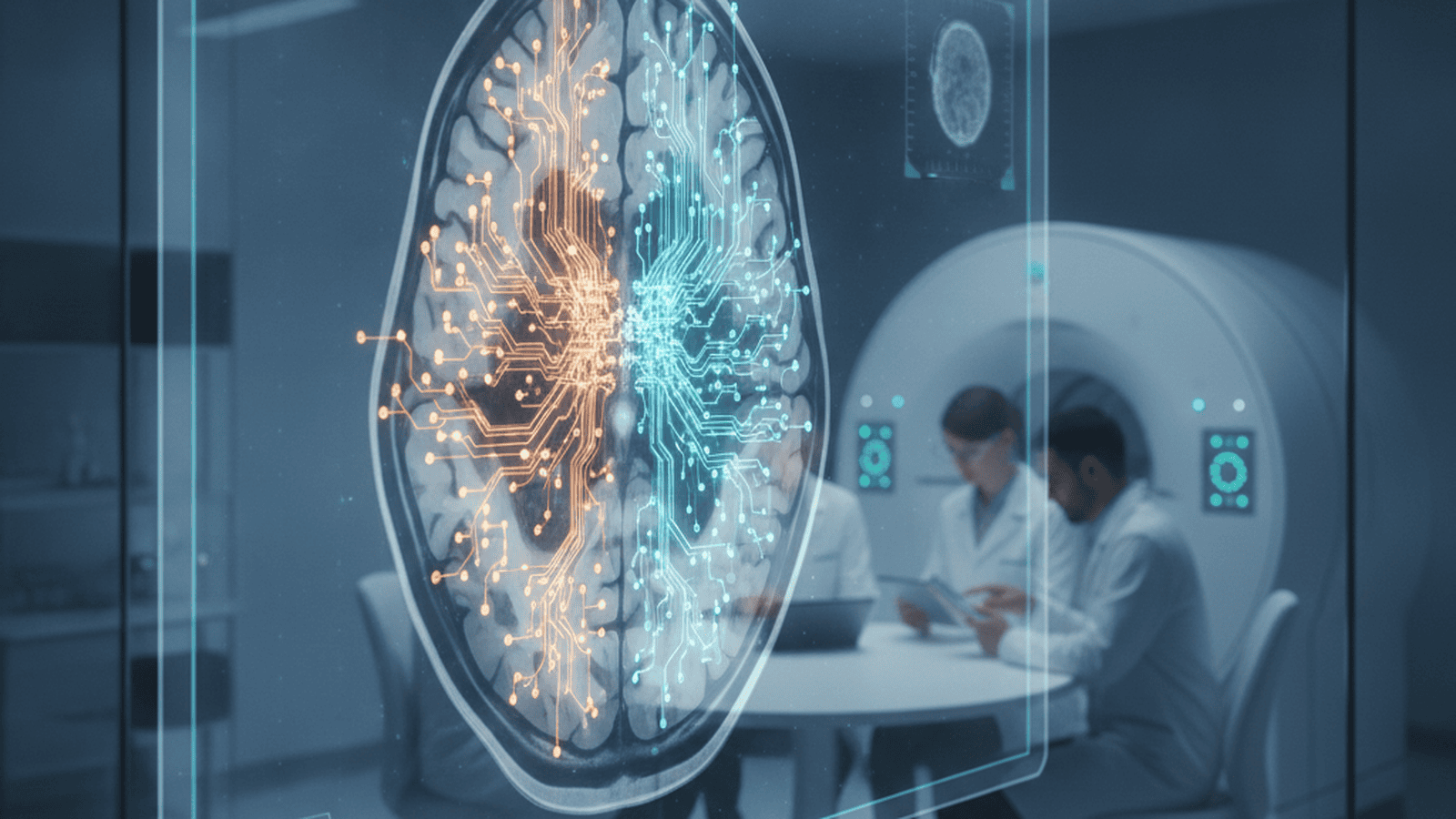 A detailed brain scan on a monitor showing highlighted neural circuits in a modern medical research facility.