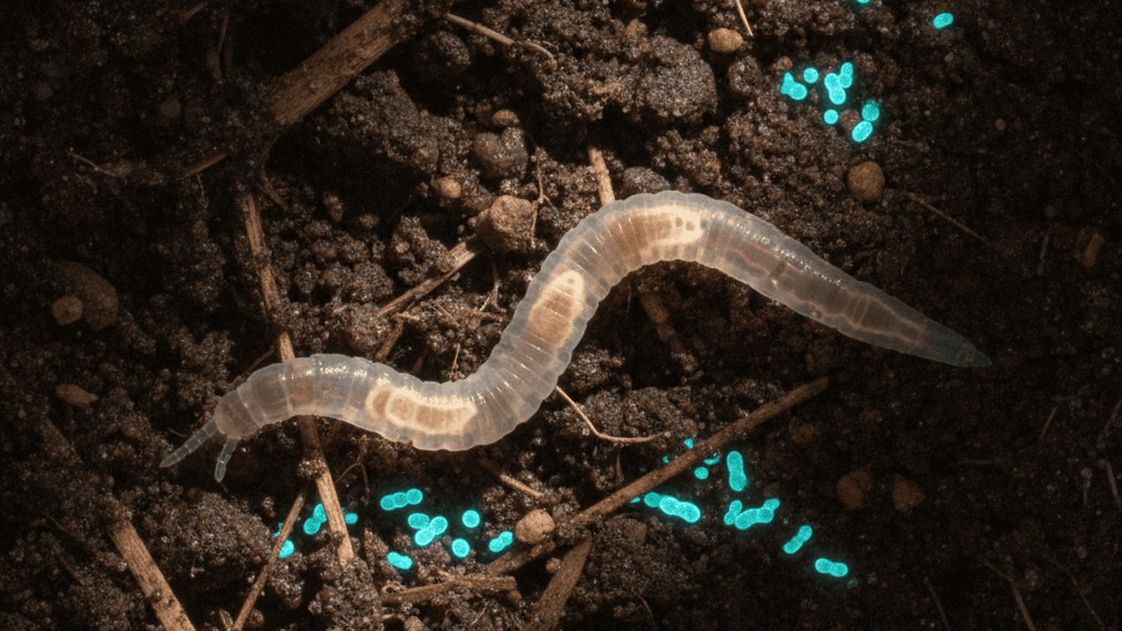 A high-magnification microscopic image showing a translucent soil nematode surrounded by glowing bacterial colonies in a dark earth environment.