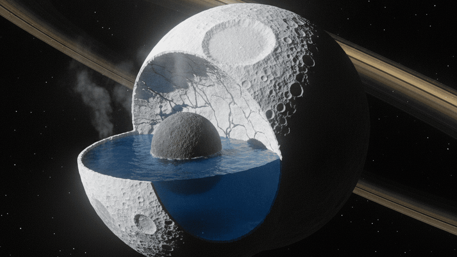 A cross-section of Saturn's moon Mimas showing a hidden subsurface ocean beneath a cratered icy crust.